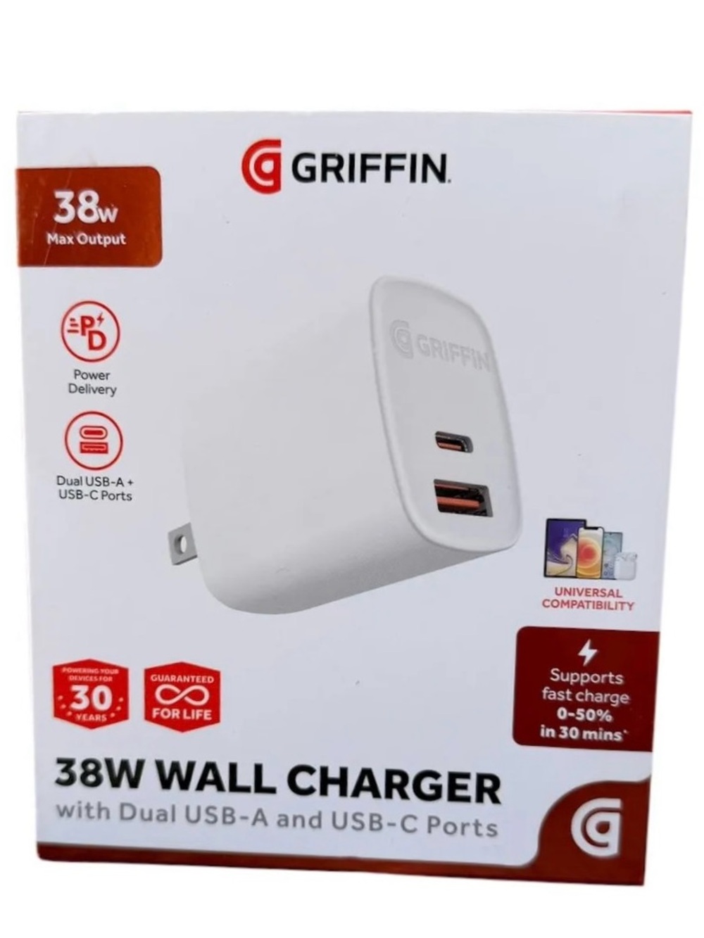 GRIFFIN 38W White Wall Charger with Dual USB-A and USB-C Ports